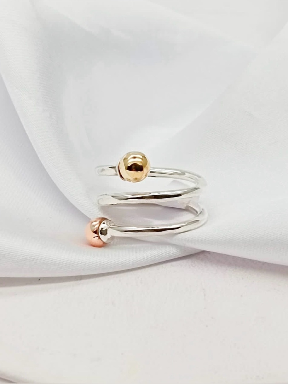 Silver Spiral Open Ring with Gold Ball Accents - Women Jewelry